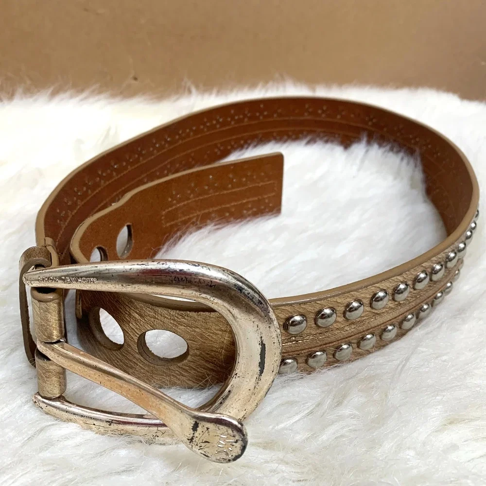 MICHAEL KORS Gold Leather Vintage Studded Belt Silver Buckle Sz SMALL